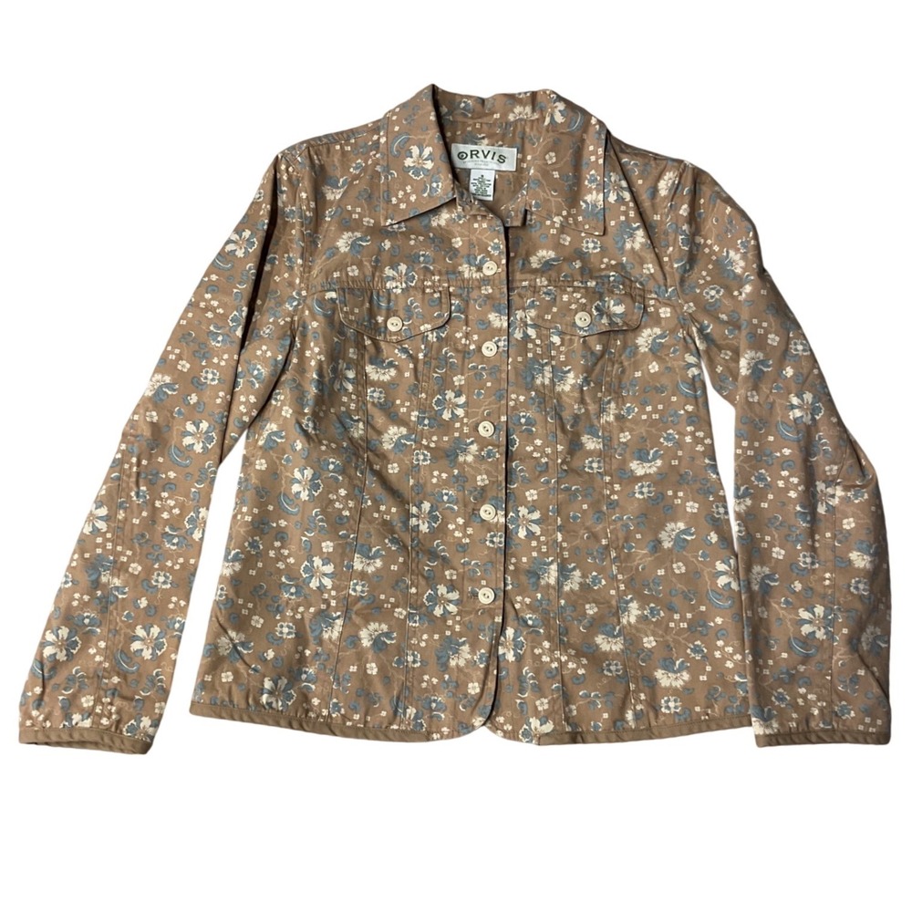 Orvis Khaki Light Blue White Floral Print Pattern Cotton Jeans Jacket Size S